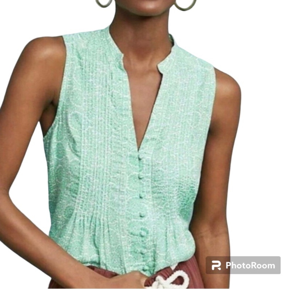 Anthropologie Maeve Green & White Pintuck Button Front V-Neck Tank Blous…
